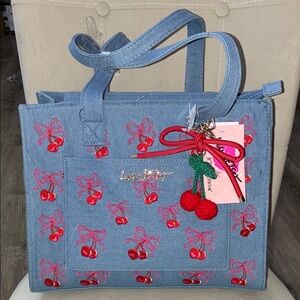 24HR DROP ⬇️ Betsey Johnson embroidered heart cherries denim tote bag